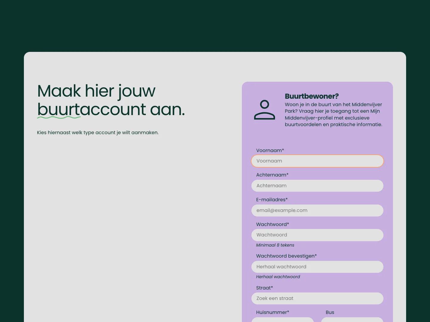 Registratieformulier voor buurtbewoners met naam, e-mailadres, wachtwoord en een zoekveld voor de straat