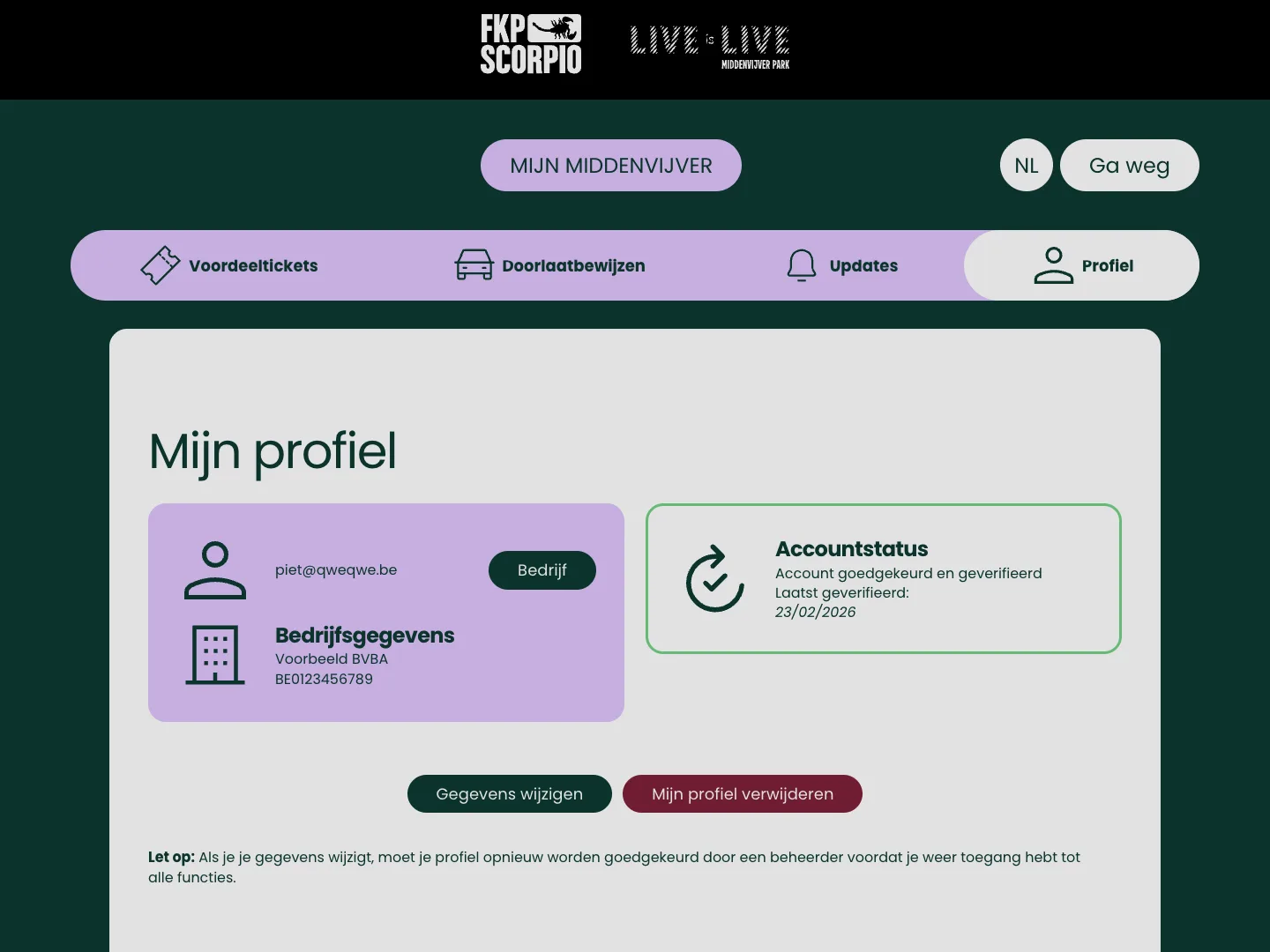 Profielpagina van een lokaal bedrijf met de bedrijfsgegevens en de accountstatus
