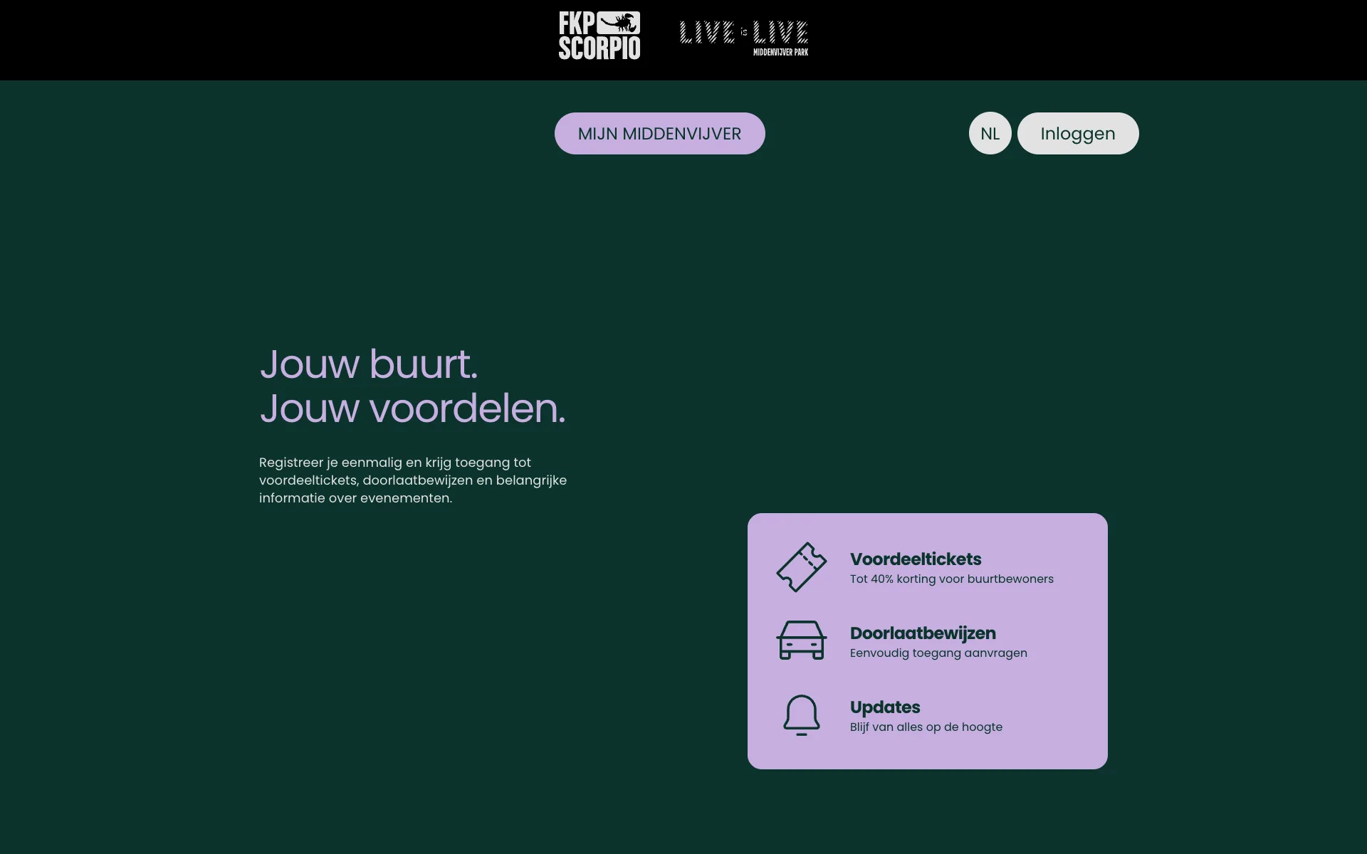Startpagina van Mijn Middenvijver met de titel Jouw buurt. Jouw voordelen. en de voordelen voordeeltickets, doorlaatbewijzen en updates