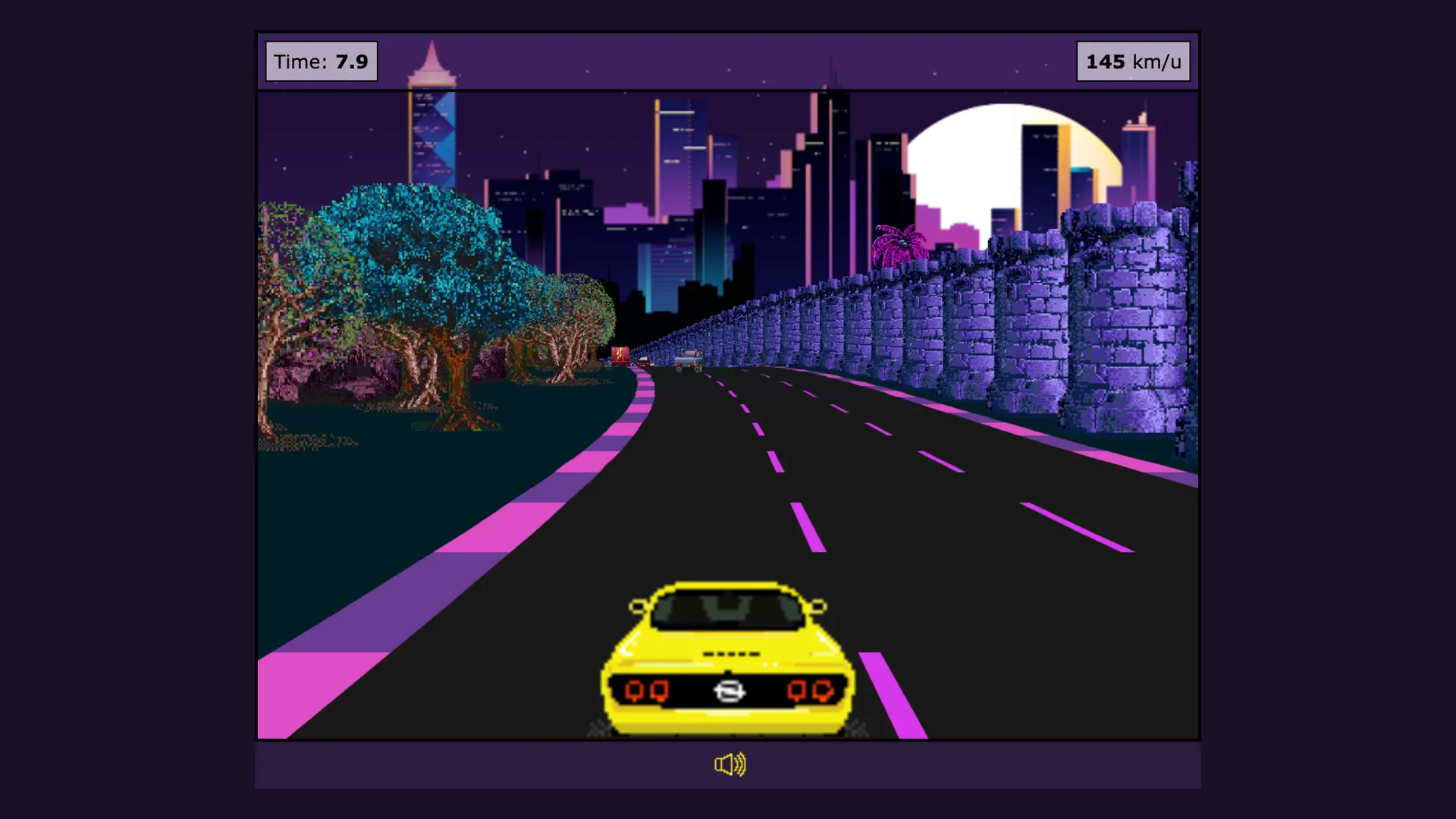 A curve past trees and a purple city wall