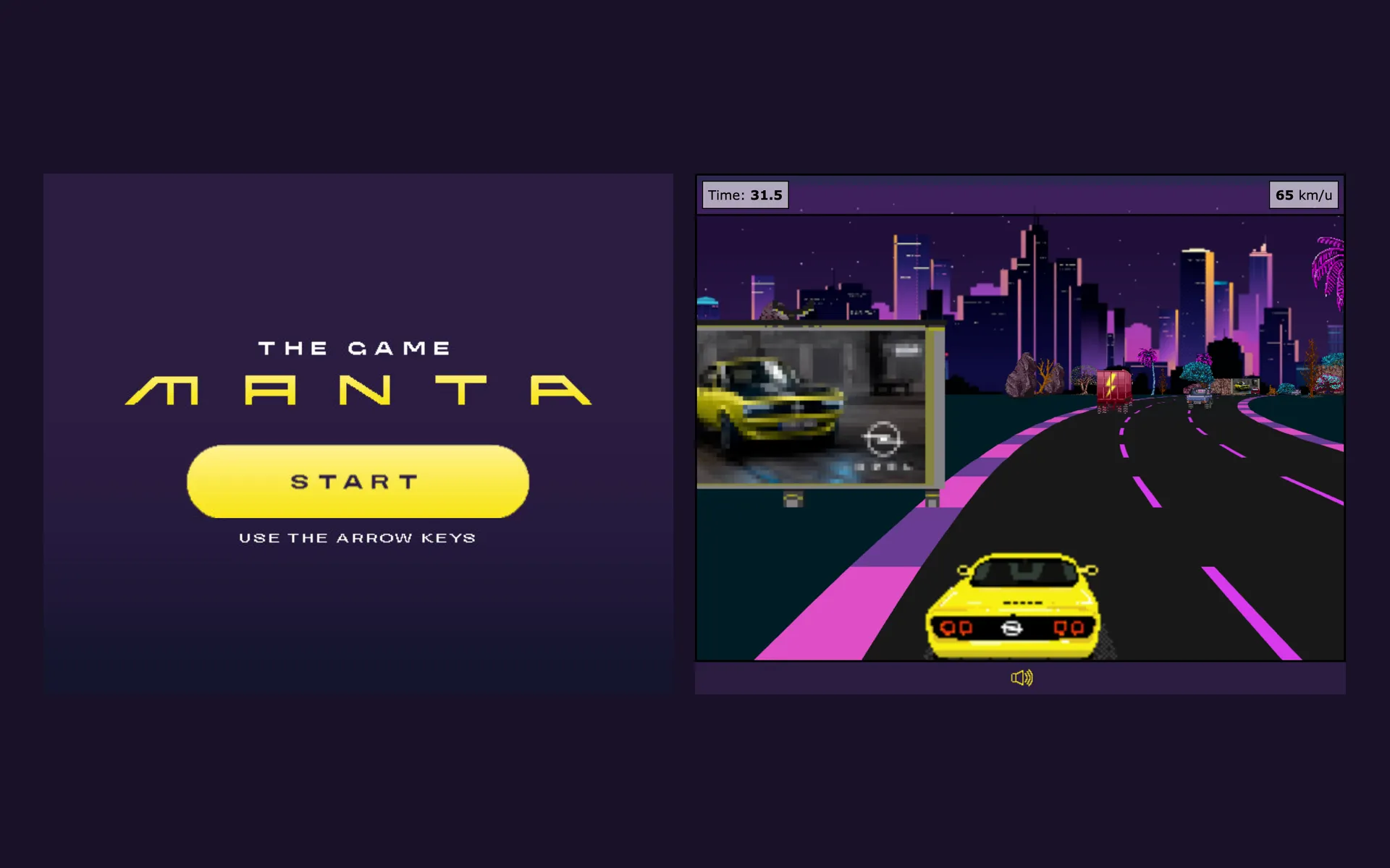 Start screen and gameplay of Manta: The Game, with a yellow Opel Manta on a neon race track