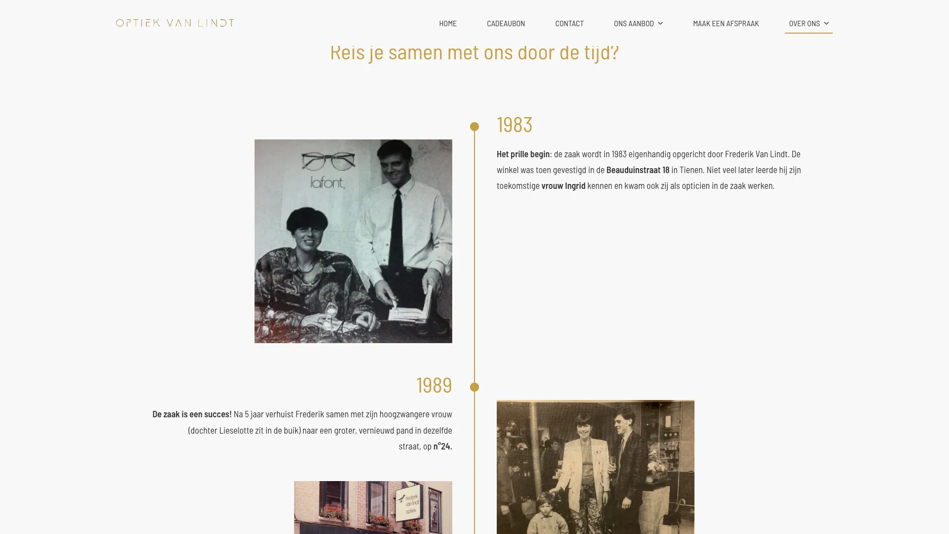 Historiekpagina met een tijdlijn en archieffoto's uit 1983 en 1989