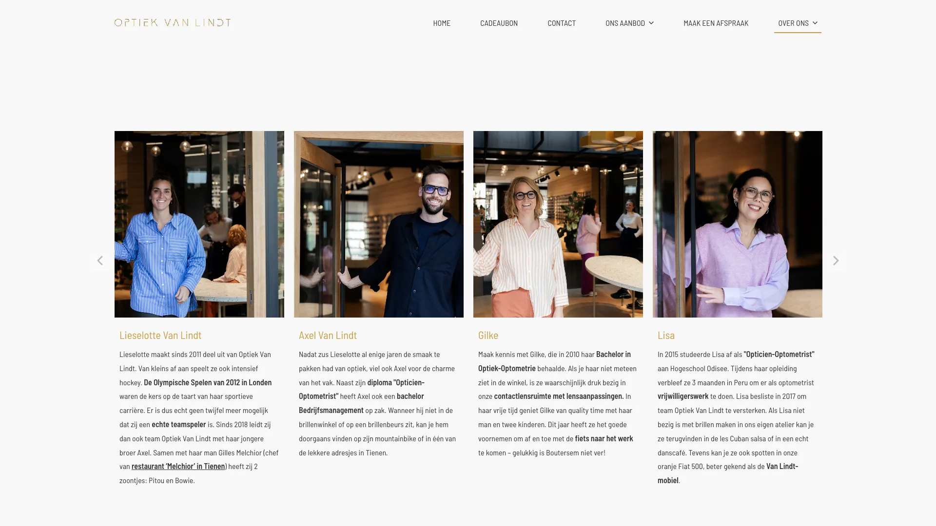 Teampagina met foto's en een korte voorstelling van elke opticien