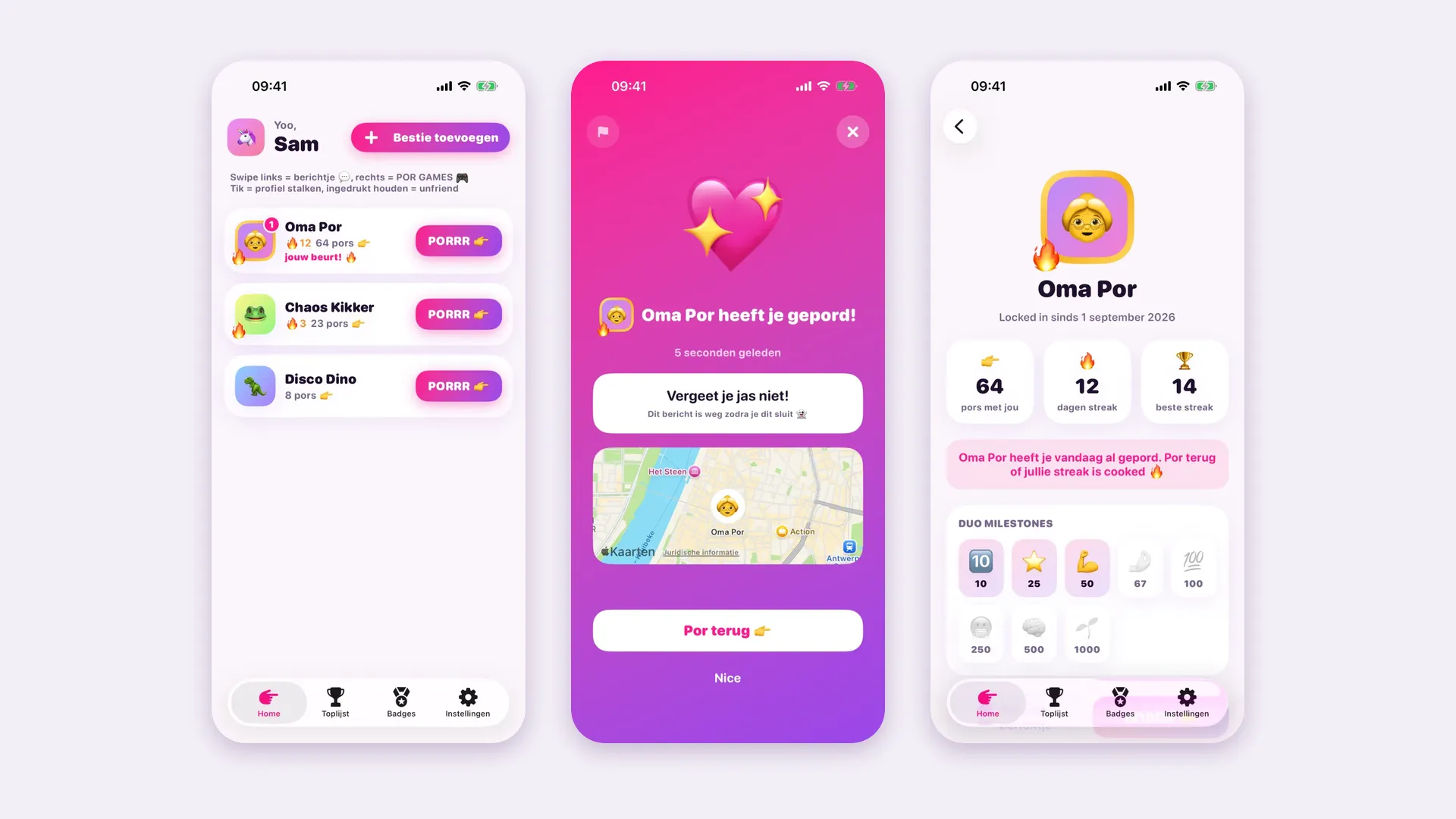Drie schermen van de porpor app: de vriendenlijst, een binnenkomende por met berichtje en het profiel van een bestie