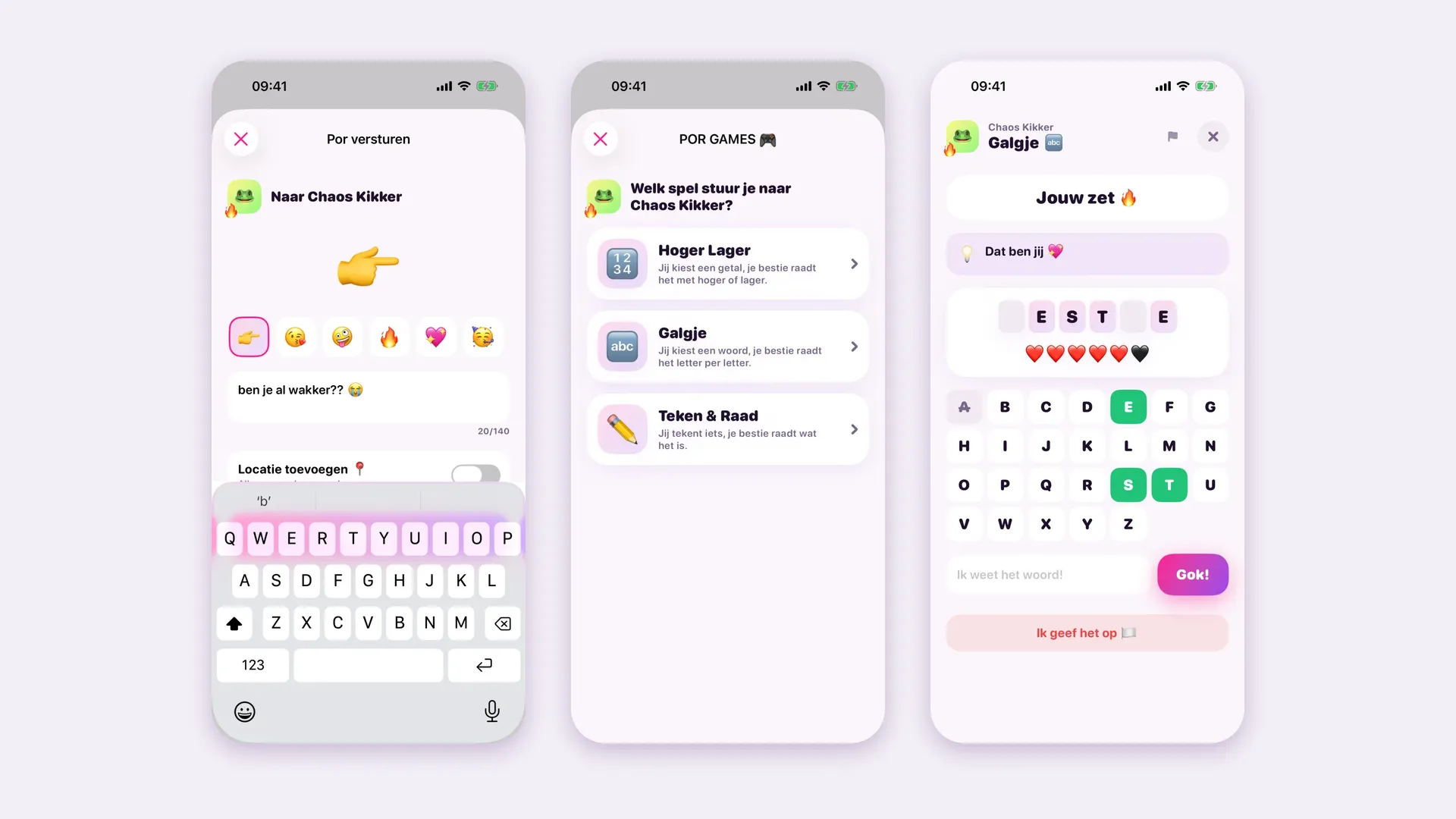 Een por versturen met een berichtje, de keuze uit POR GAMES en een spelletje Galgje in de porpor app