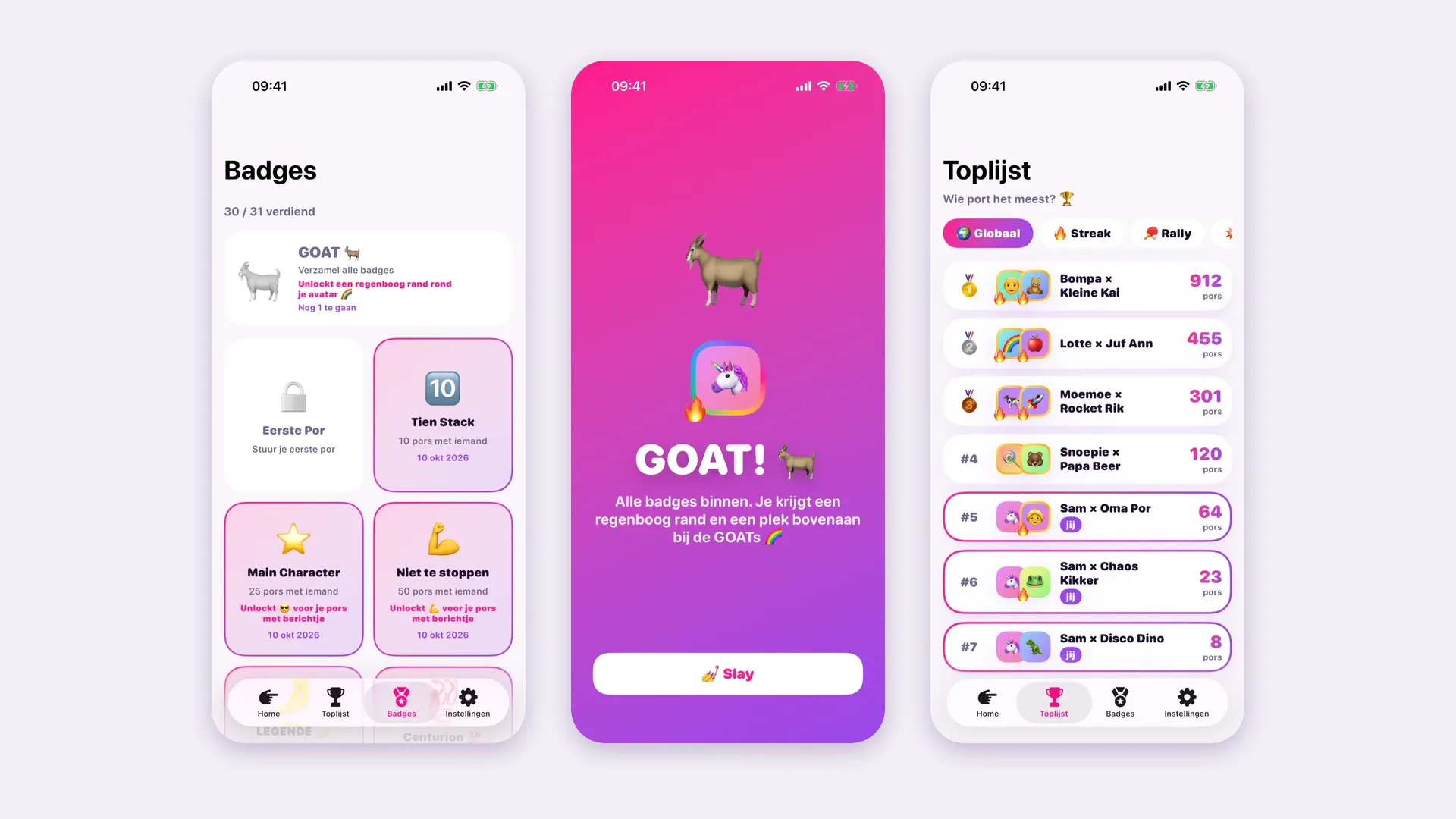 Badges, de GOAT status en de toplijst in de porpor app