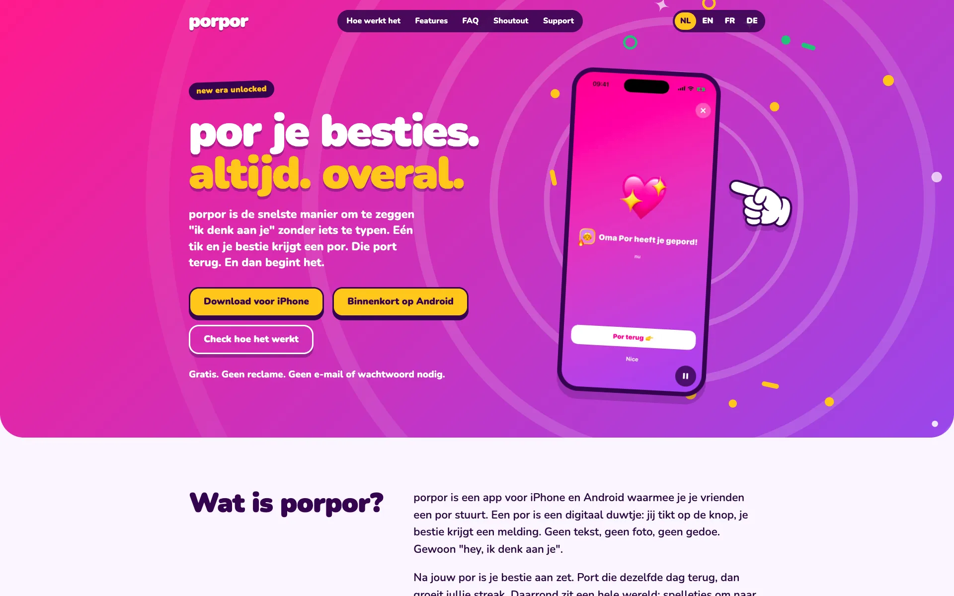 Website van porpor met de slogan por je besties, altijd, overal en een iPhone met de app