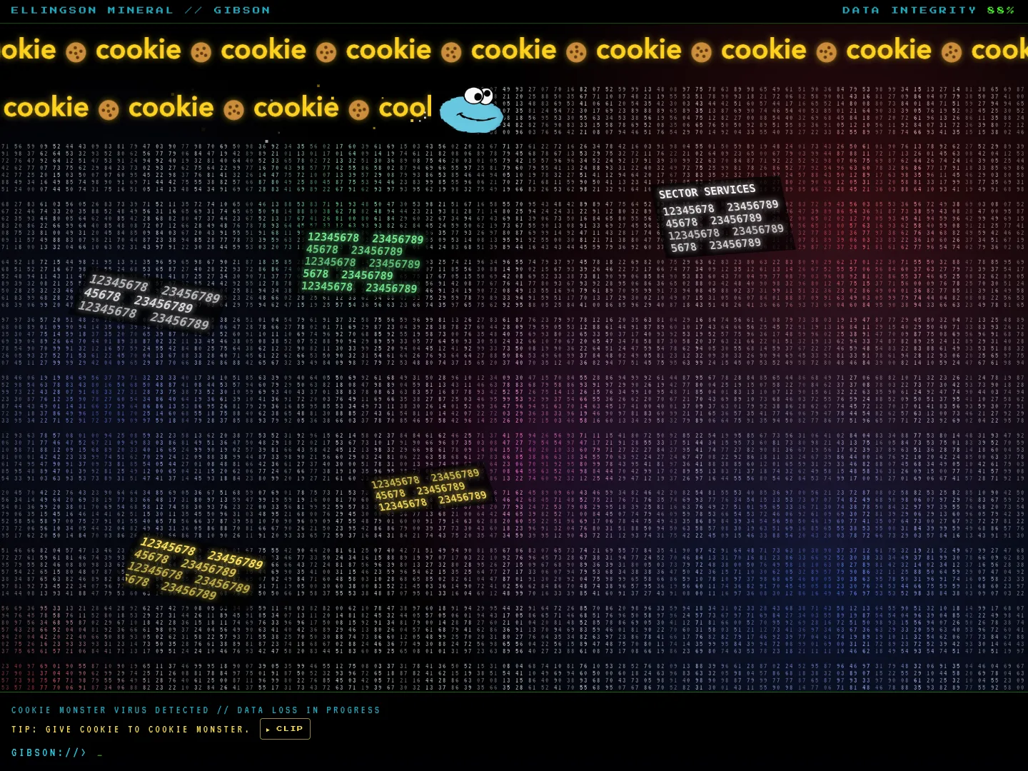 Het Cookie Monster virus eet de datamuur van de Gibson op, met onderaan een terminal die om een cookie vraagt