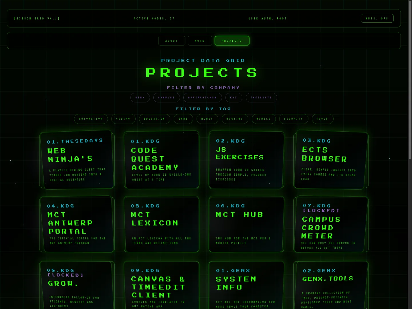 Projectraster met filters op bedrijf en tag