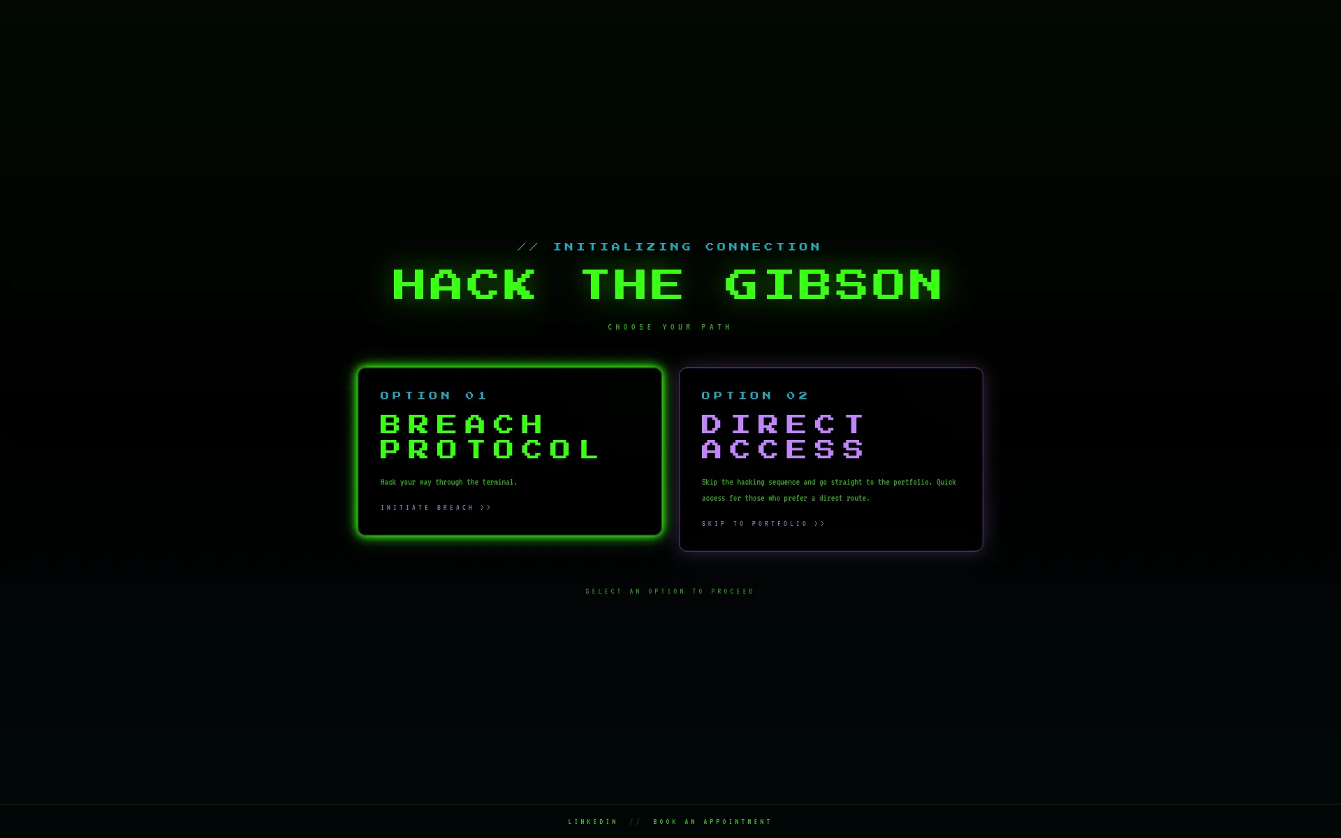 Startscherm van sam.serrien.be met de titel Hack the Gibson en de keuze tussen Breach Protocol en Direct Access