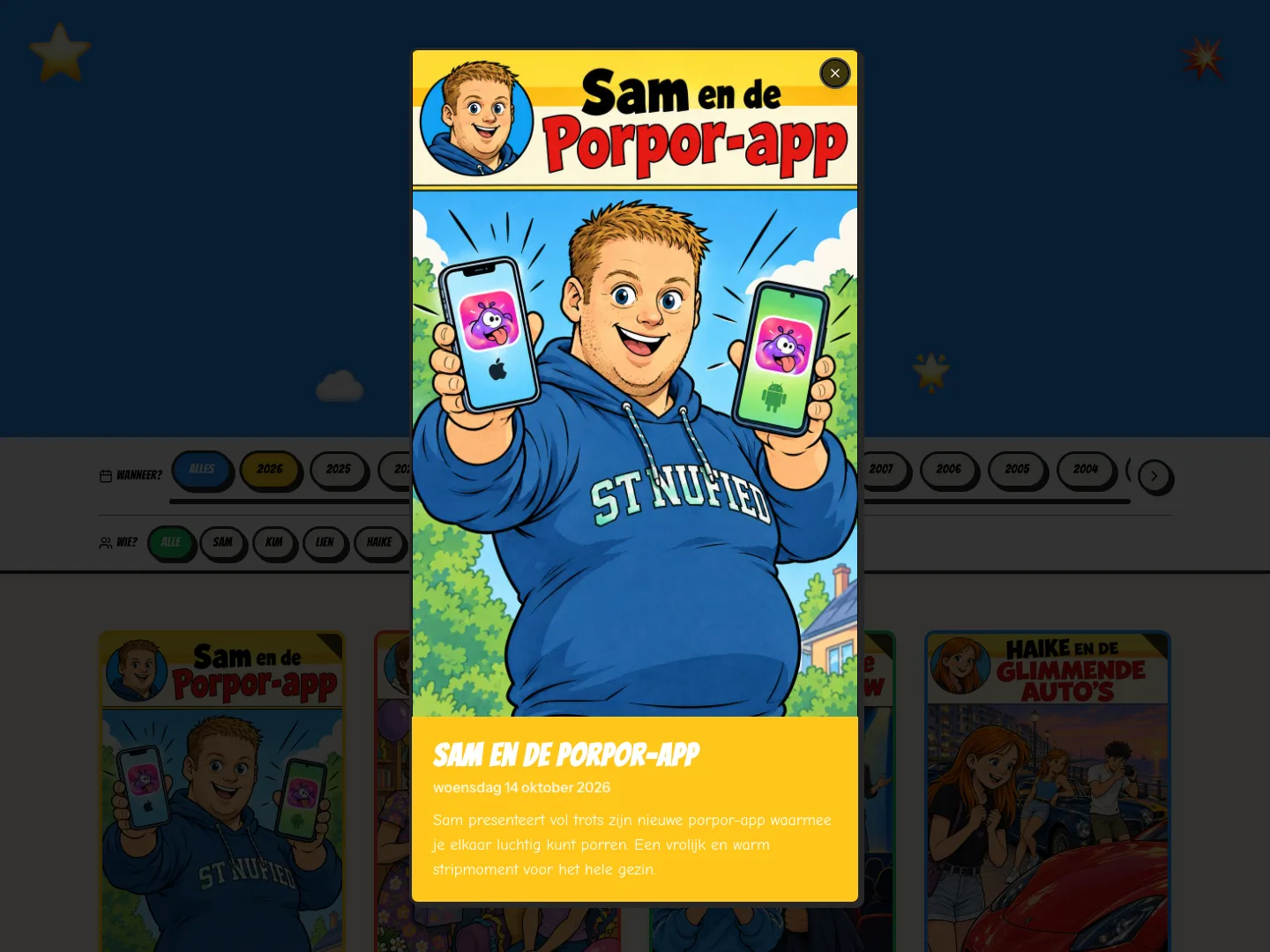 Een stripcover in het groot met een titel, een datum en een korte begeleidende tekst