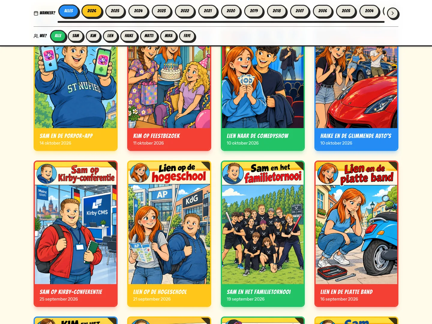 Raster met stripcovers en de filters per jaar en per persoon bovenaan