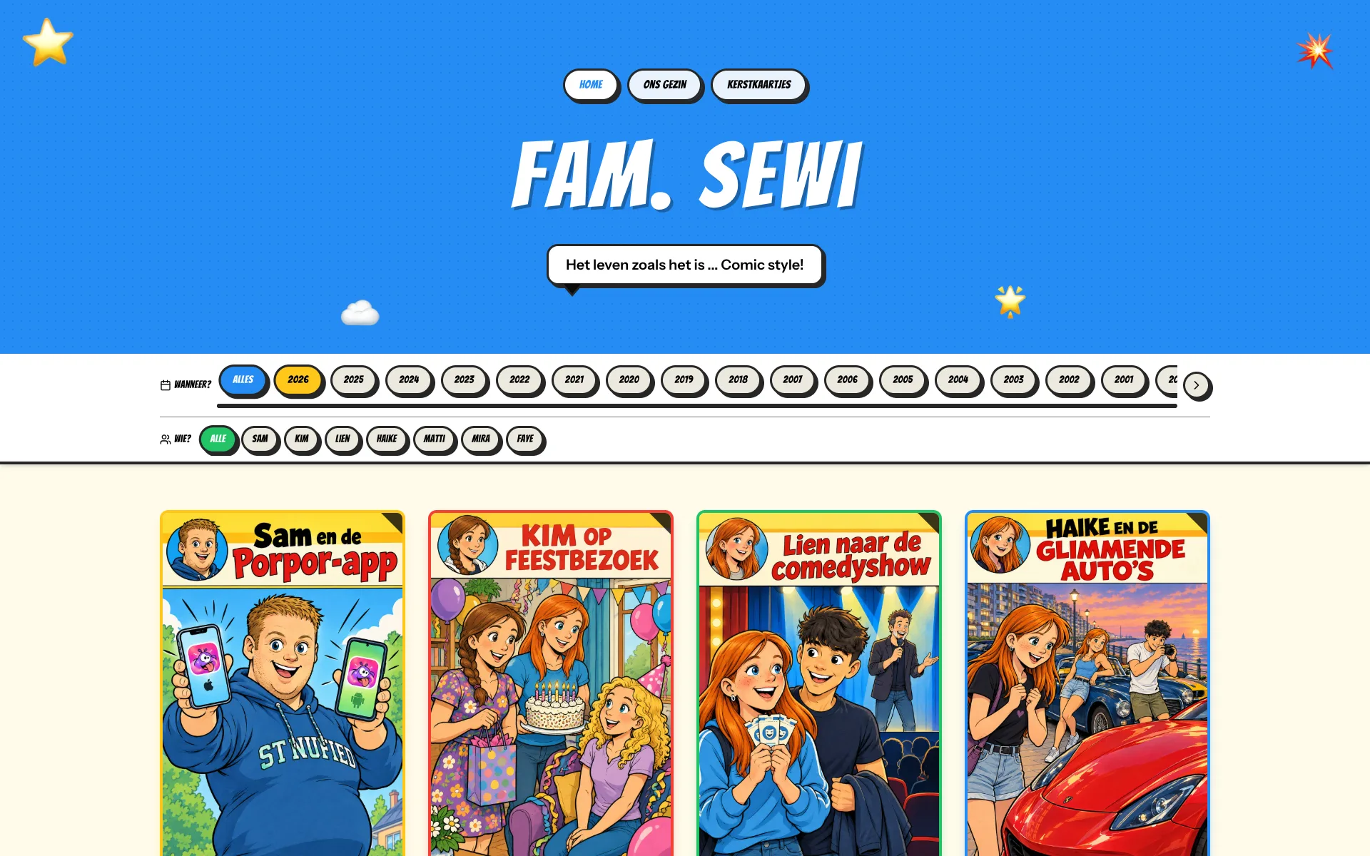 Homepage van Fam. Sewi met de titel, filters per jaar en per persoon en de nieuwste stripcovers