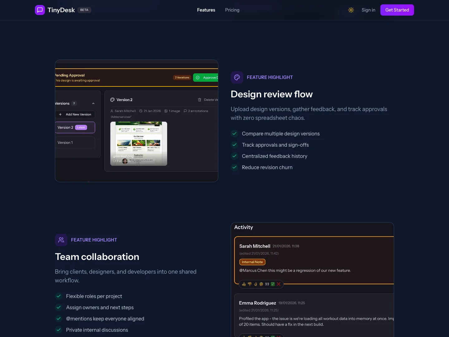 Design review flow in TinyDesk with versions waiting for approval
