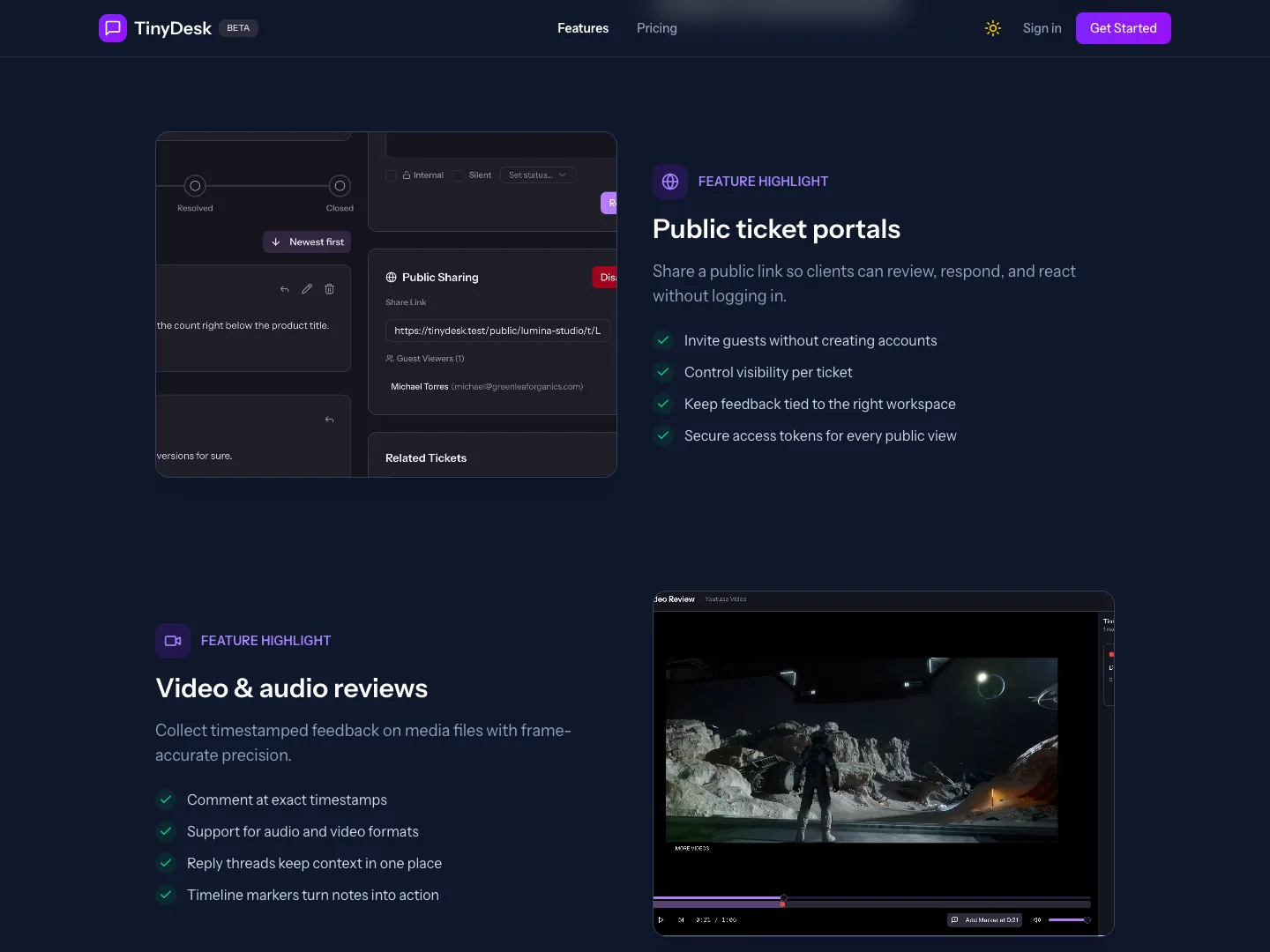 Public ticket pages and video reviews with markers on the timeline