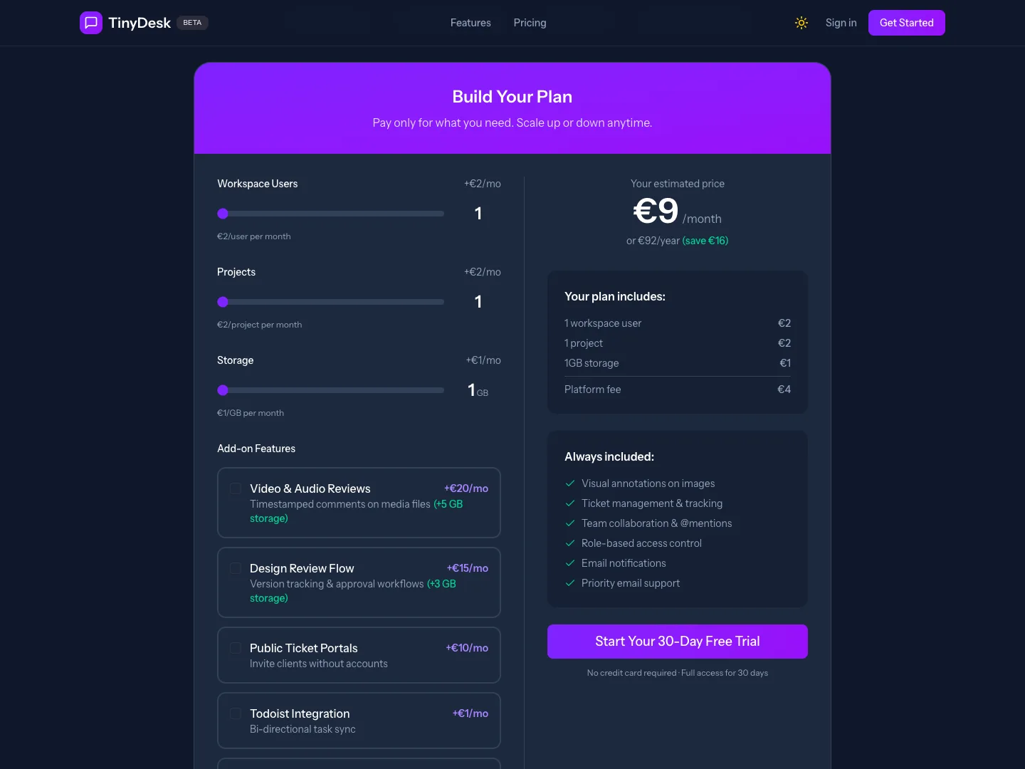 Pricing calculator with sliders for users, projects and storage