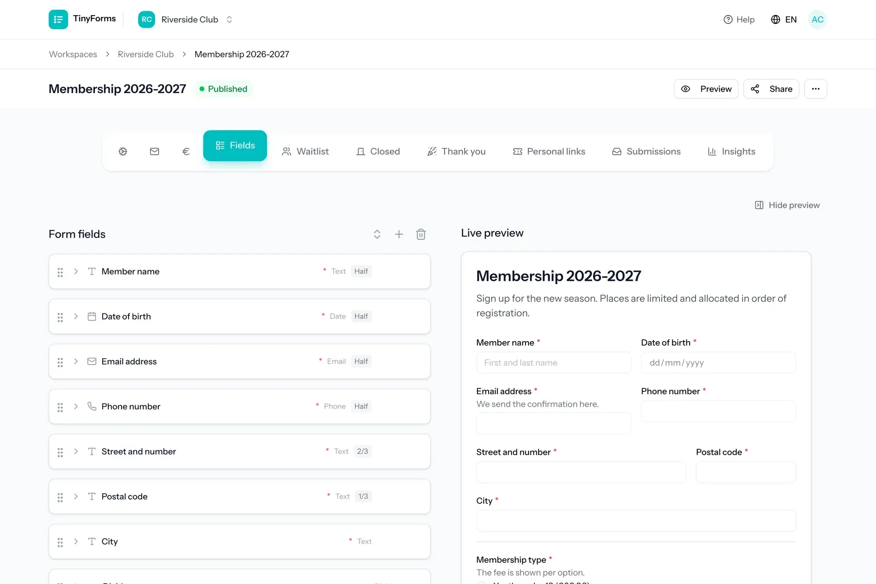 The TinyForms form builder with the field list on the left and a live preview on the right