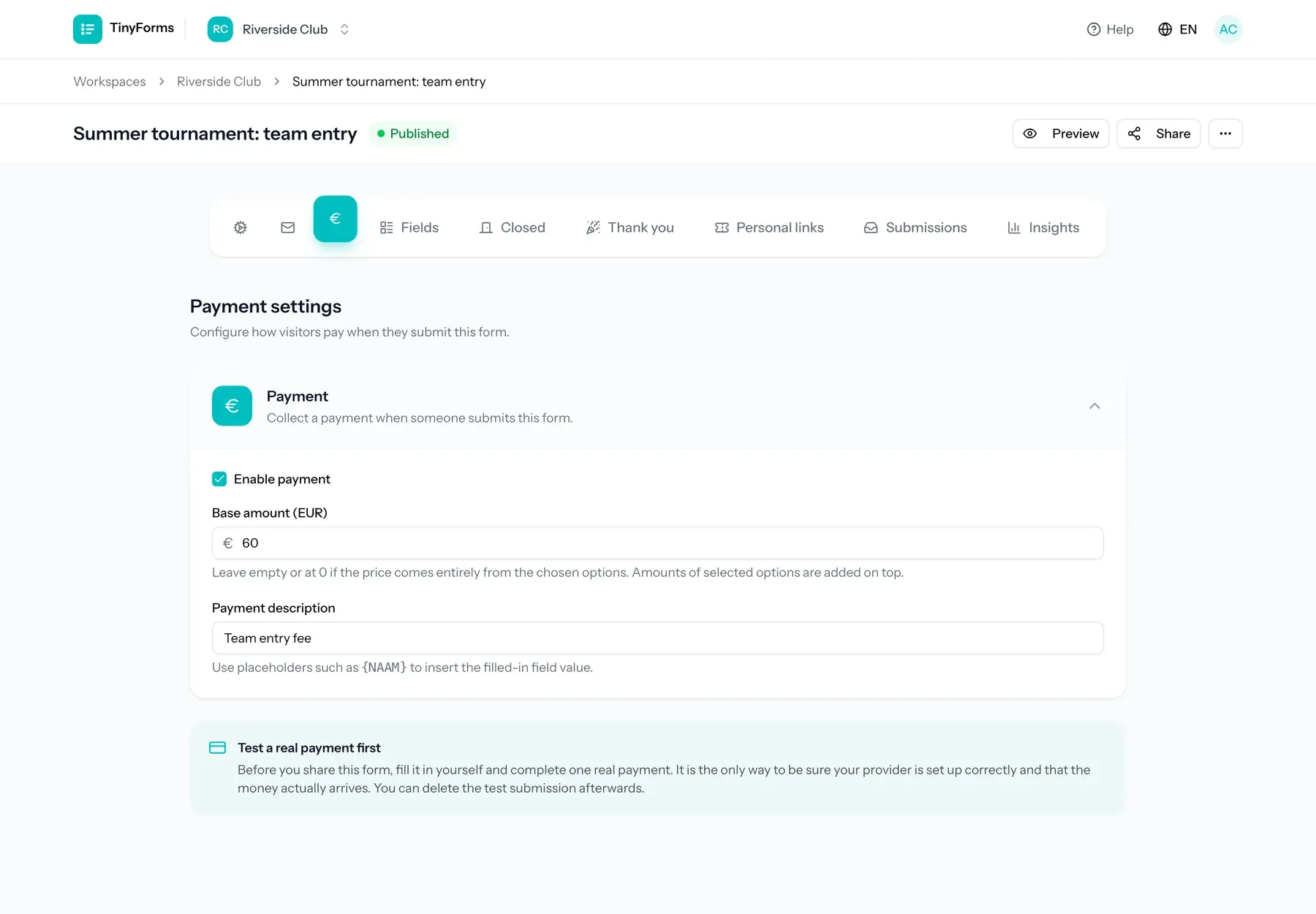 Payment settings of a form in TinyForms