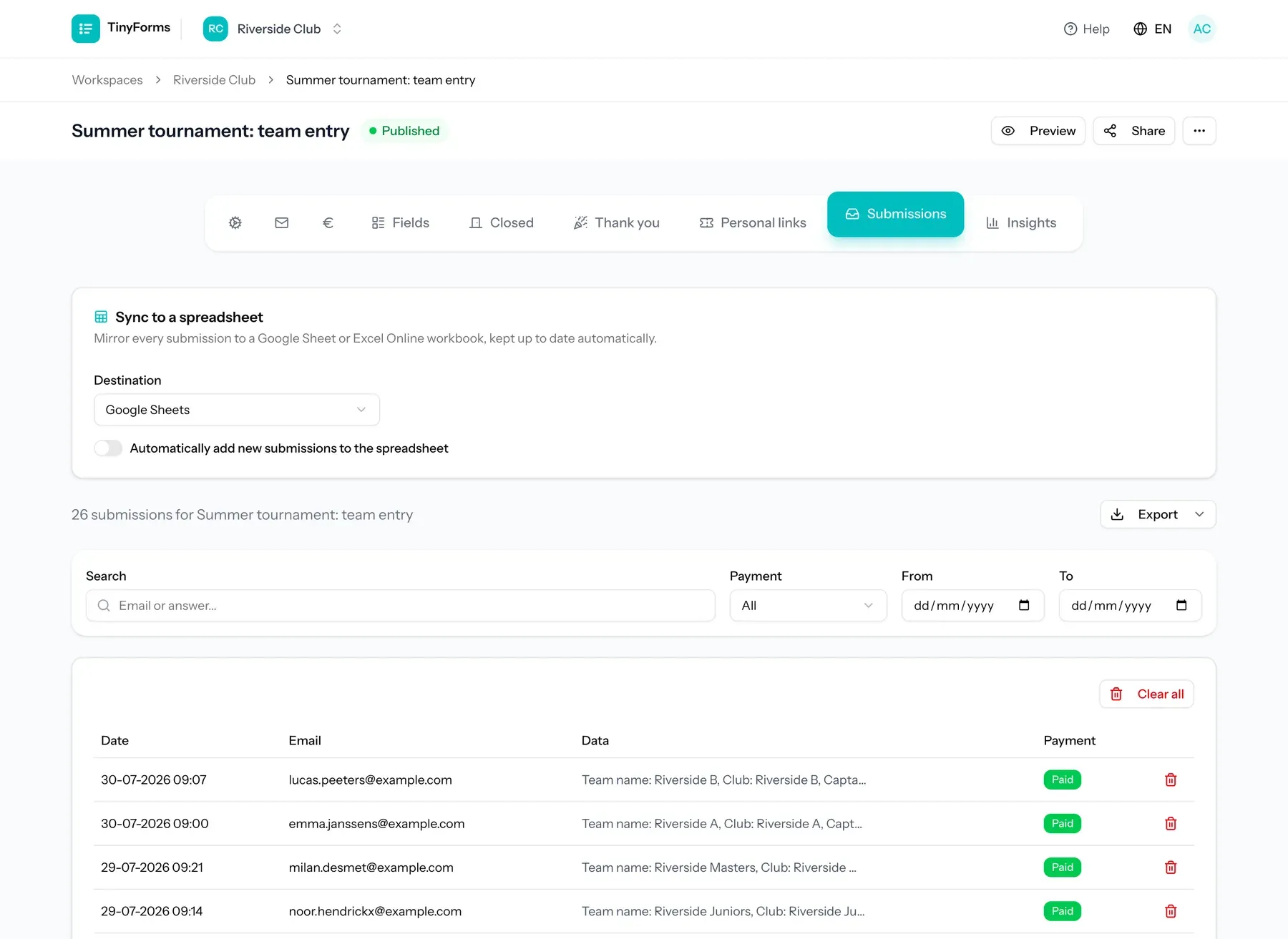 Submissions overview with payment status and spreadsheet sync