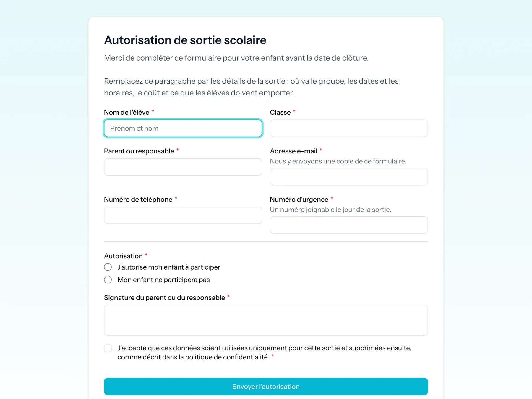 A school trip permission form in French