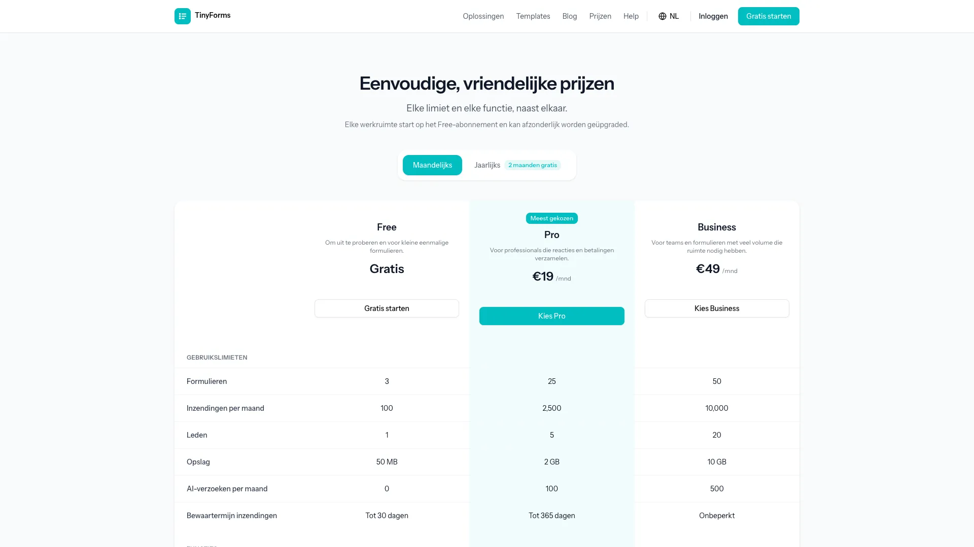 TinyForms pricing page with the Free, Pro and Business plans