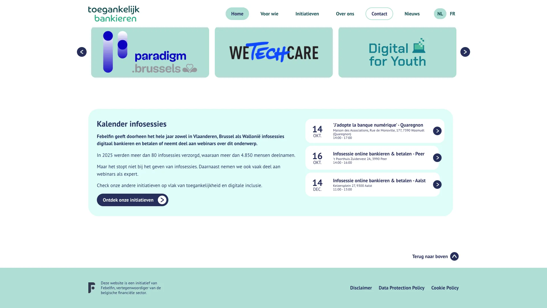 Info session calendar and partners on the homepage