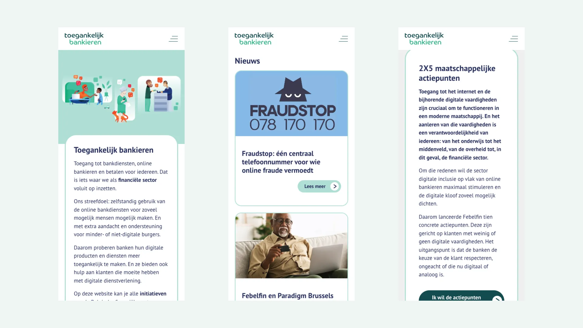 Three mobile screens of the website side by side