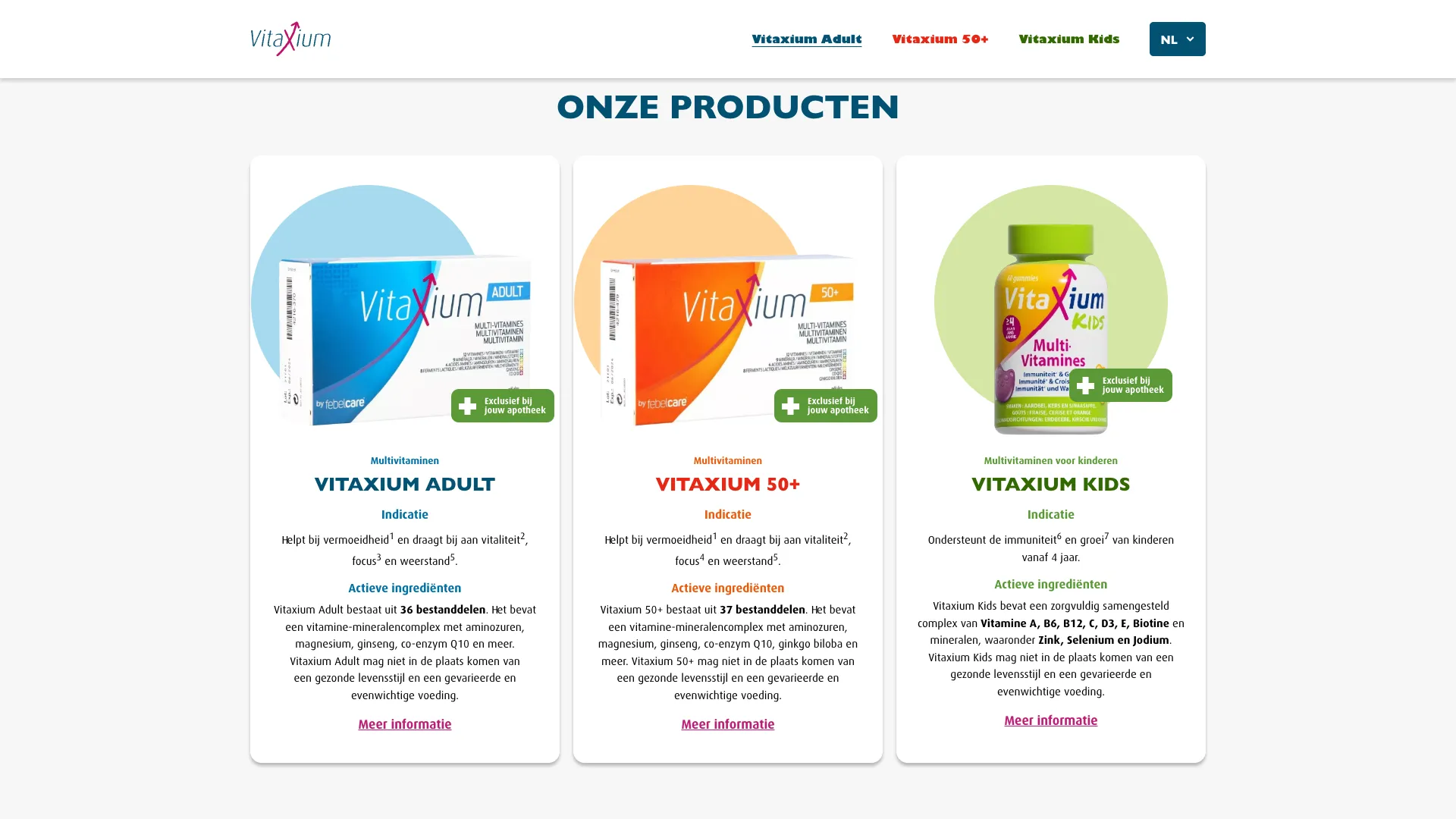 Productoverzicht met Vitaxium Adult, 50+ en Kids