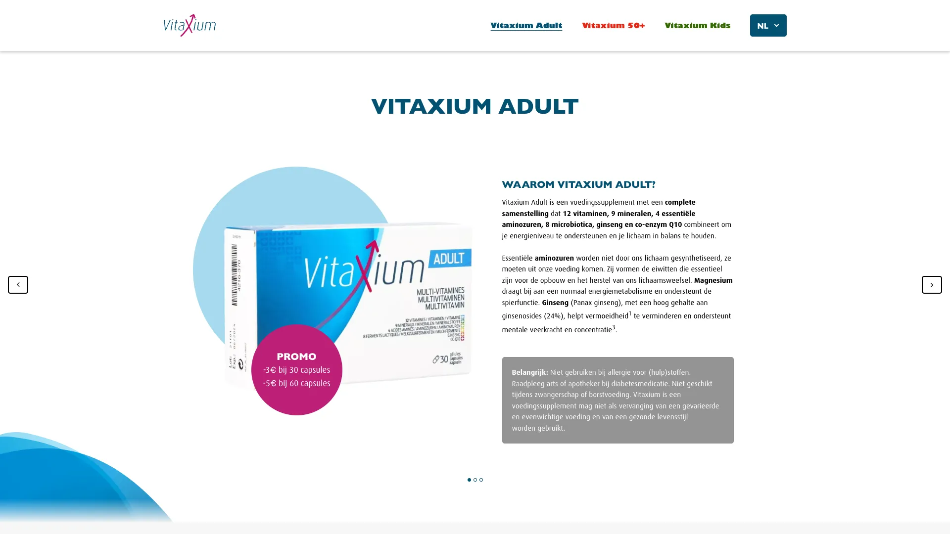 Carrousel met uitleg over Vitaxium Adult en de promo