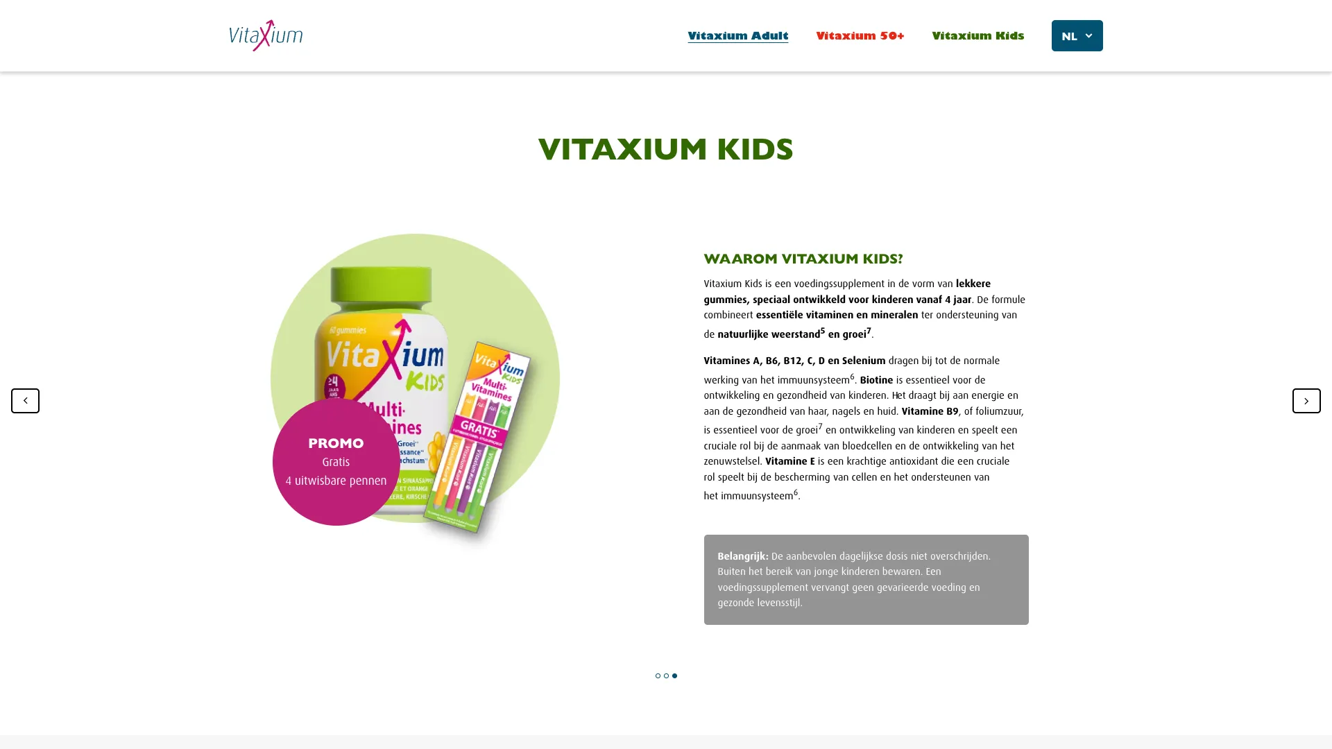 Carrousel met uitleg over Vitaxium Kids en de bijhorende promo