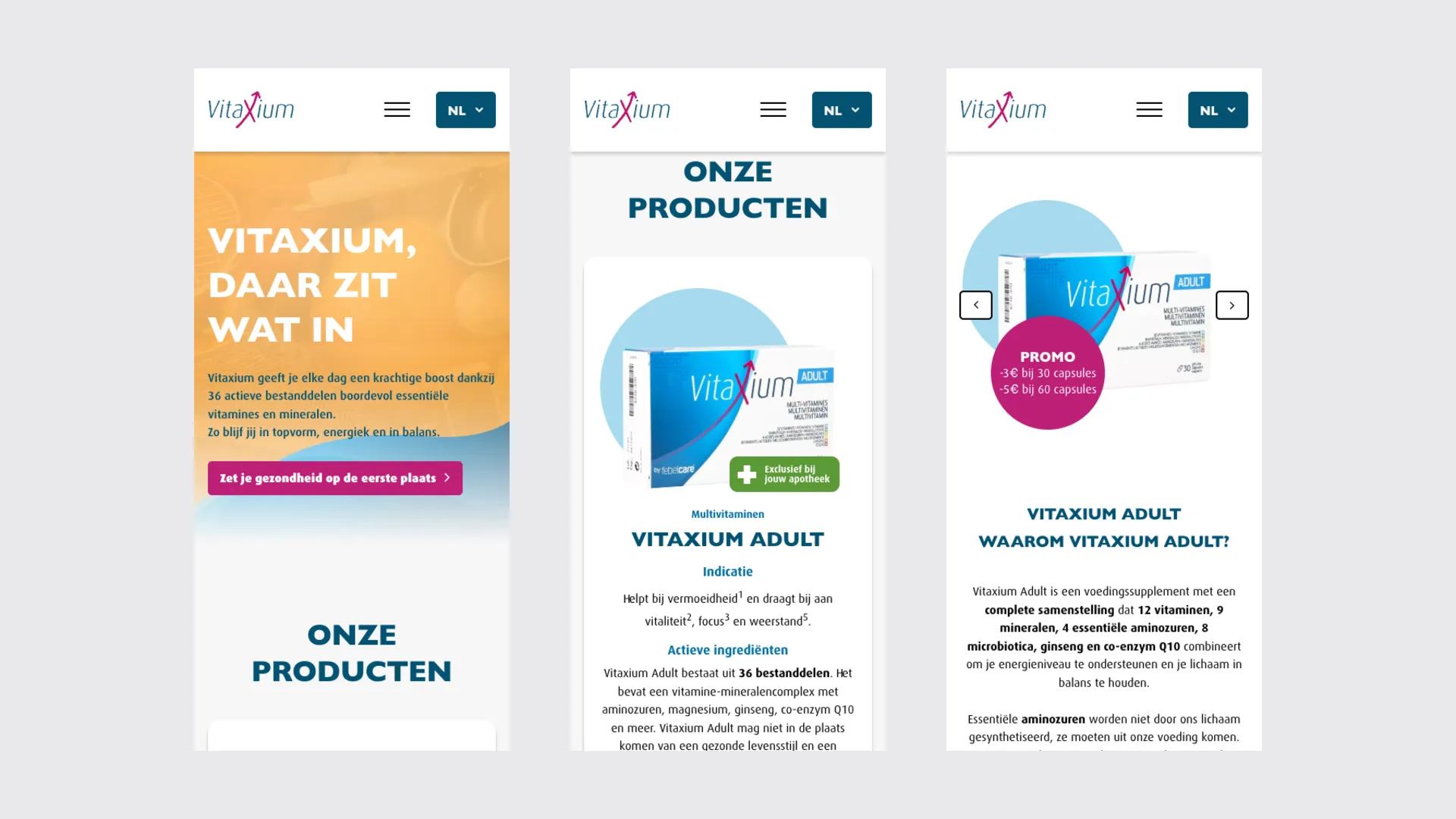 Drie mobiele schermen van de Vitaxium site