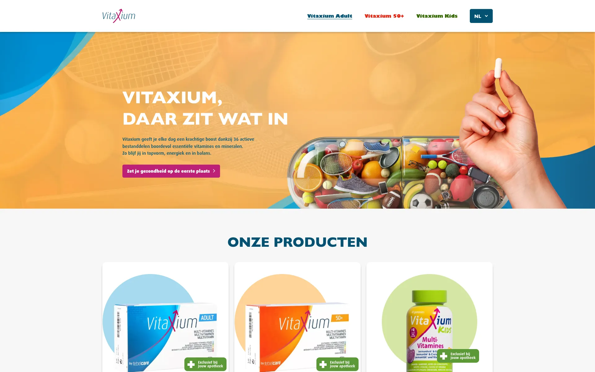 Homepage van Vitaxium met een capsule gevuld met fruit en sportmateriaal