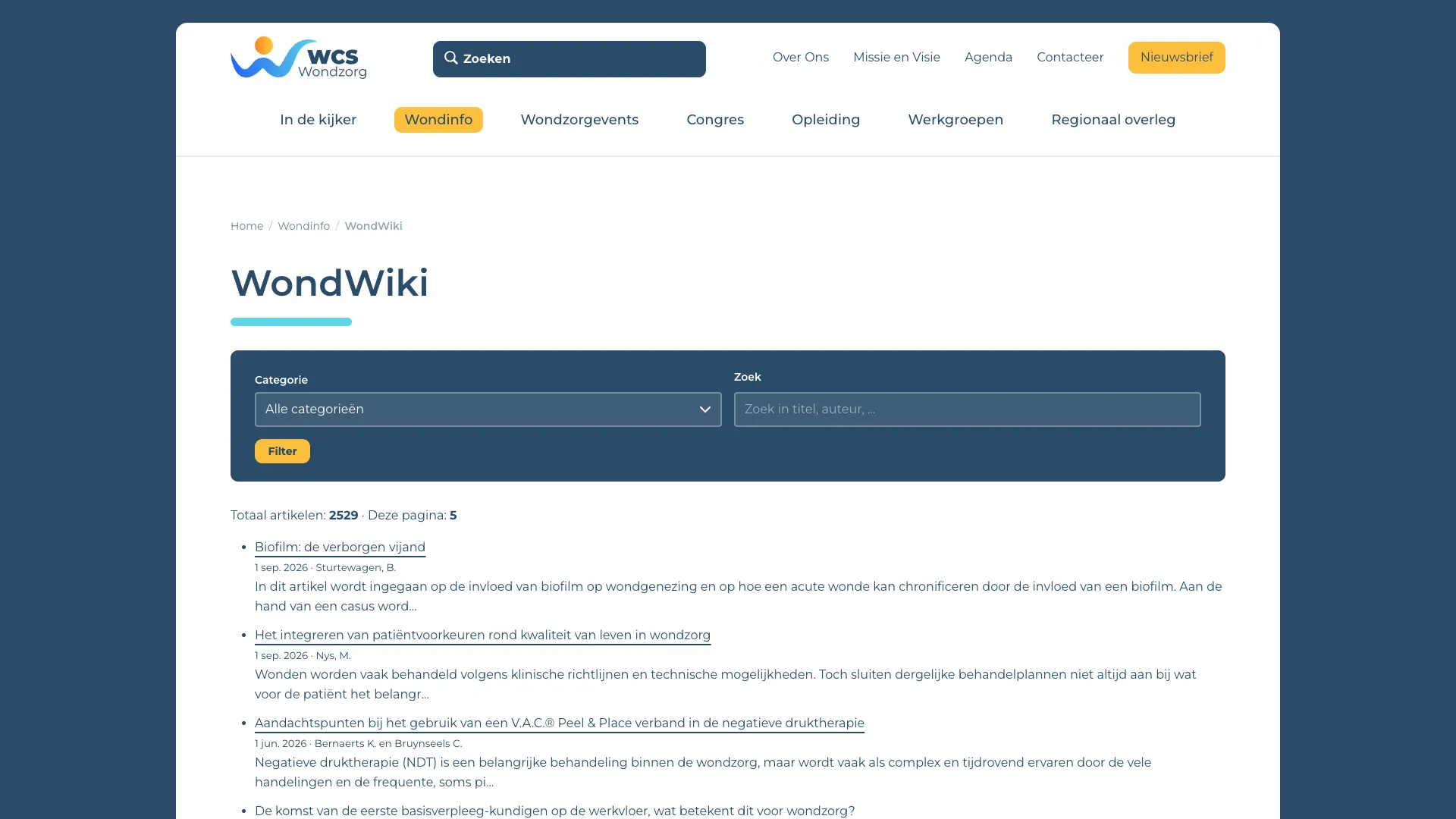 The WondWiki with a category filter and a search field above the list of articles