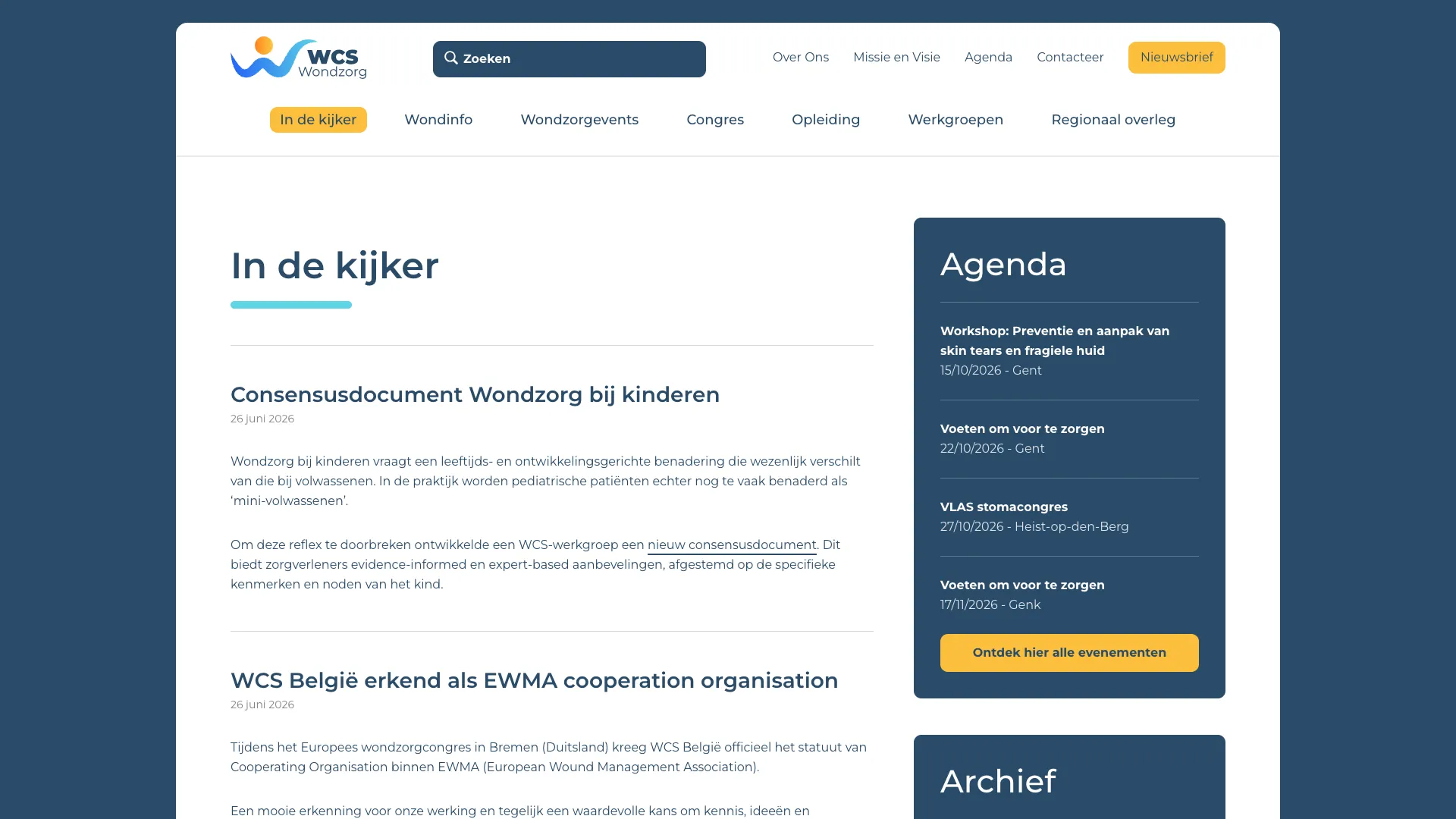 The news section with recent articles from the association