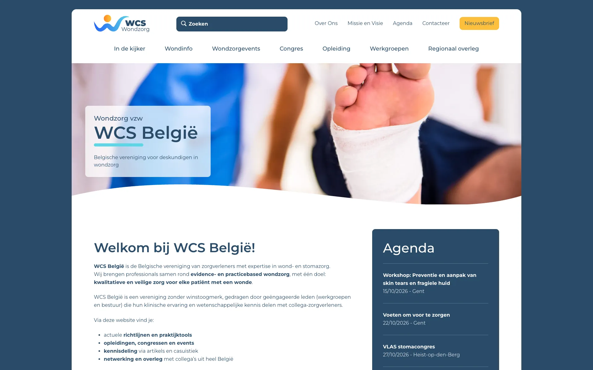 WCS België homepage with the title Wondzorg vzw WCS België and the calendar of upcoming events