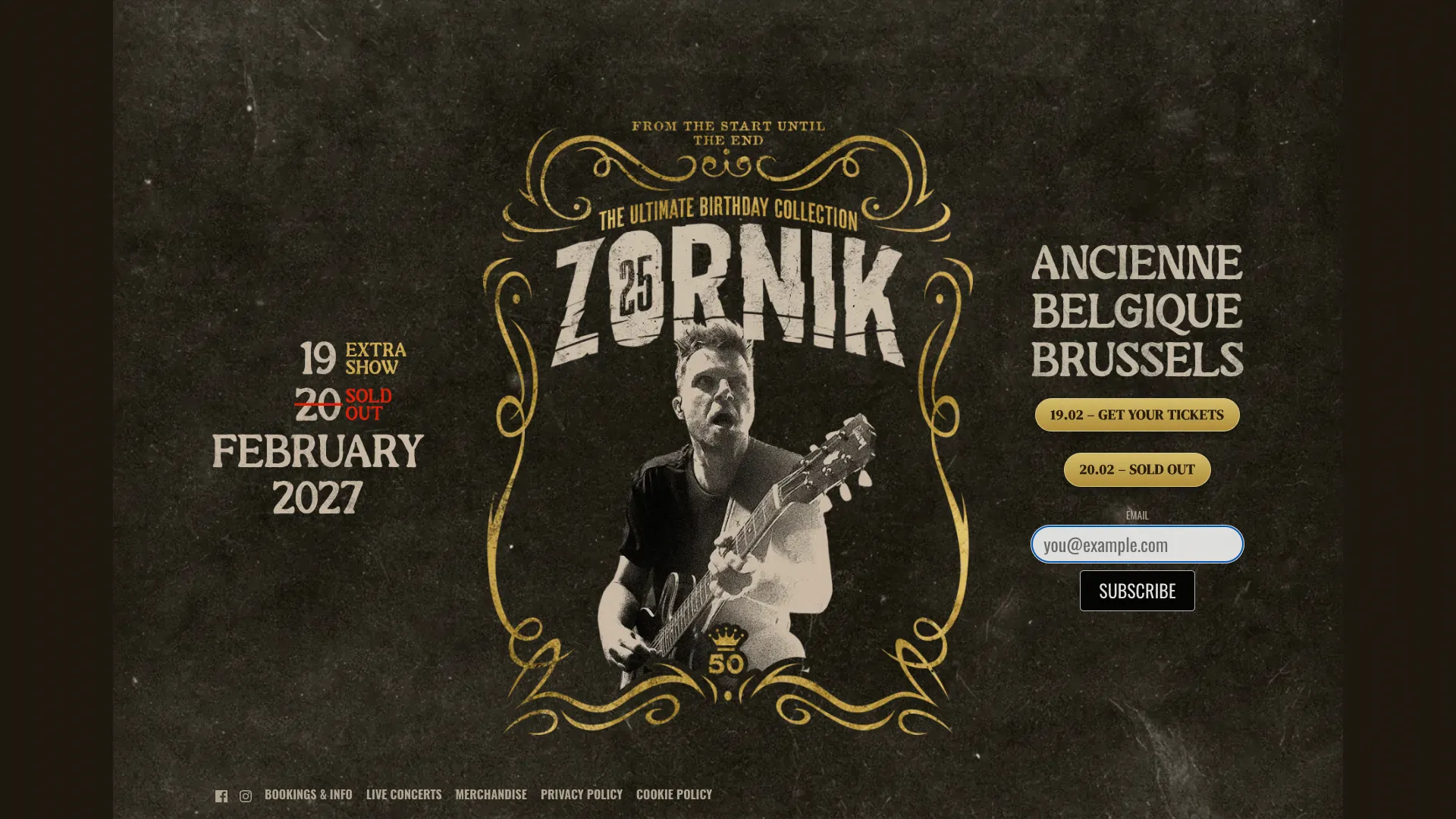 Homepage van Zornik met de concertdata in februari 2027 en het geopende inschrijvingsveld voor de nieuwsbrief