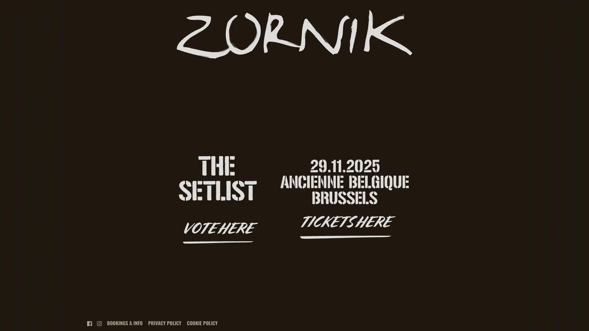 Eerdere versie van de homepage met The Setlist, de knop Vote here en het concert van 29.11.2025 in de Ancienne Belgique