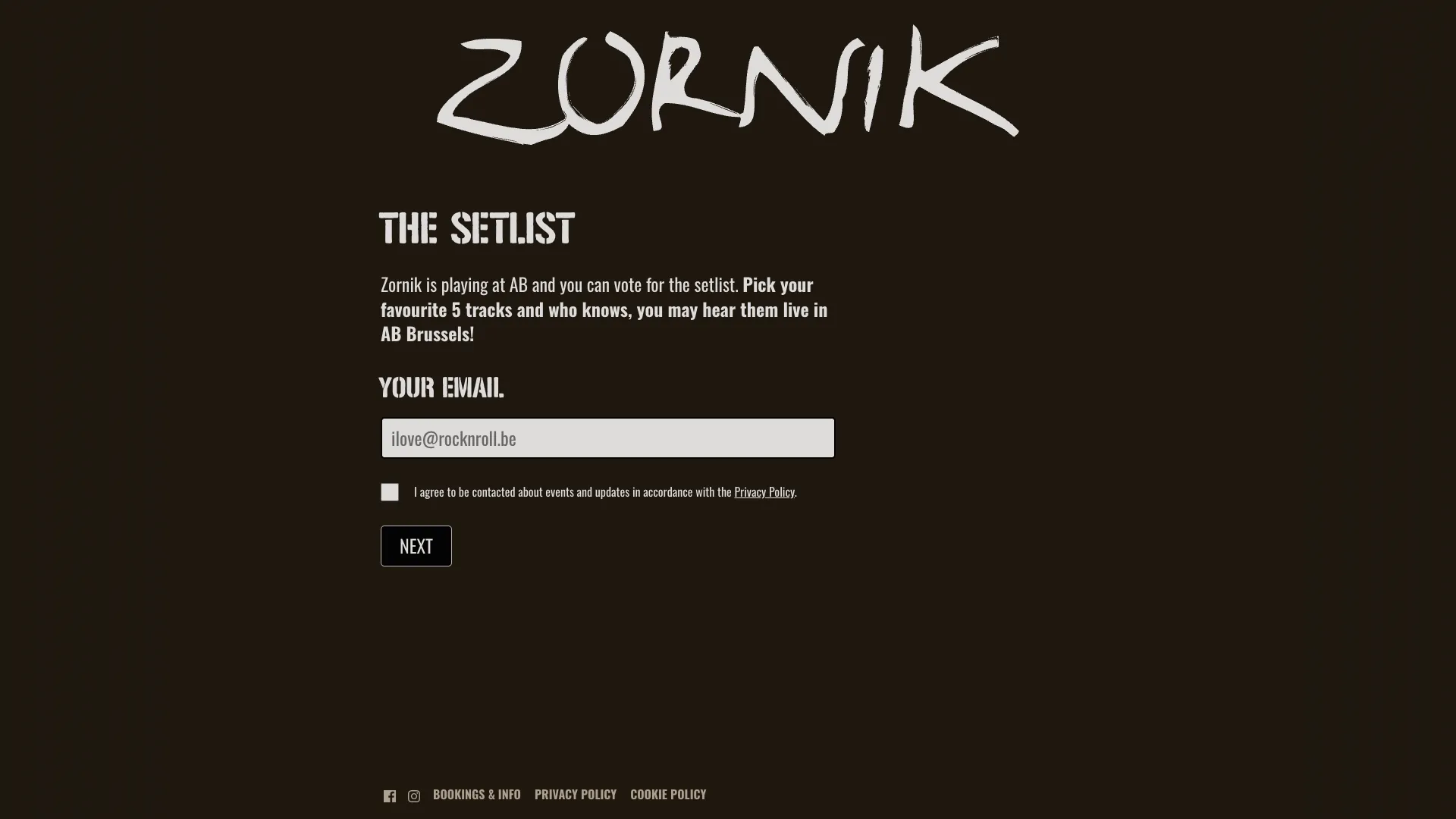 Stempagina The Setlist met een e-mailveld en toestemming voor contact
