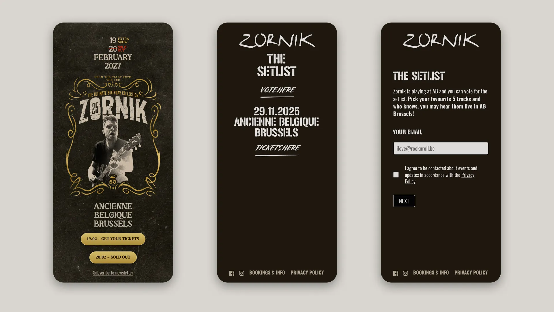 Drie mobiele schermen van Zornik: de huidige affiche, de setlistcampagne en het stemformulier