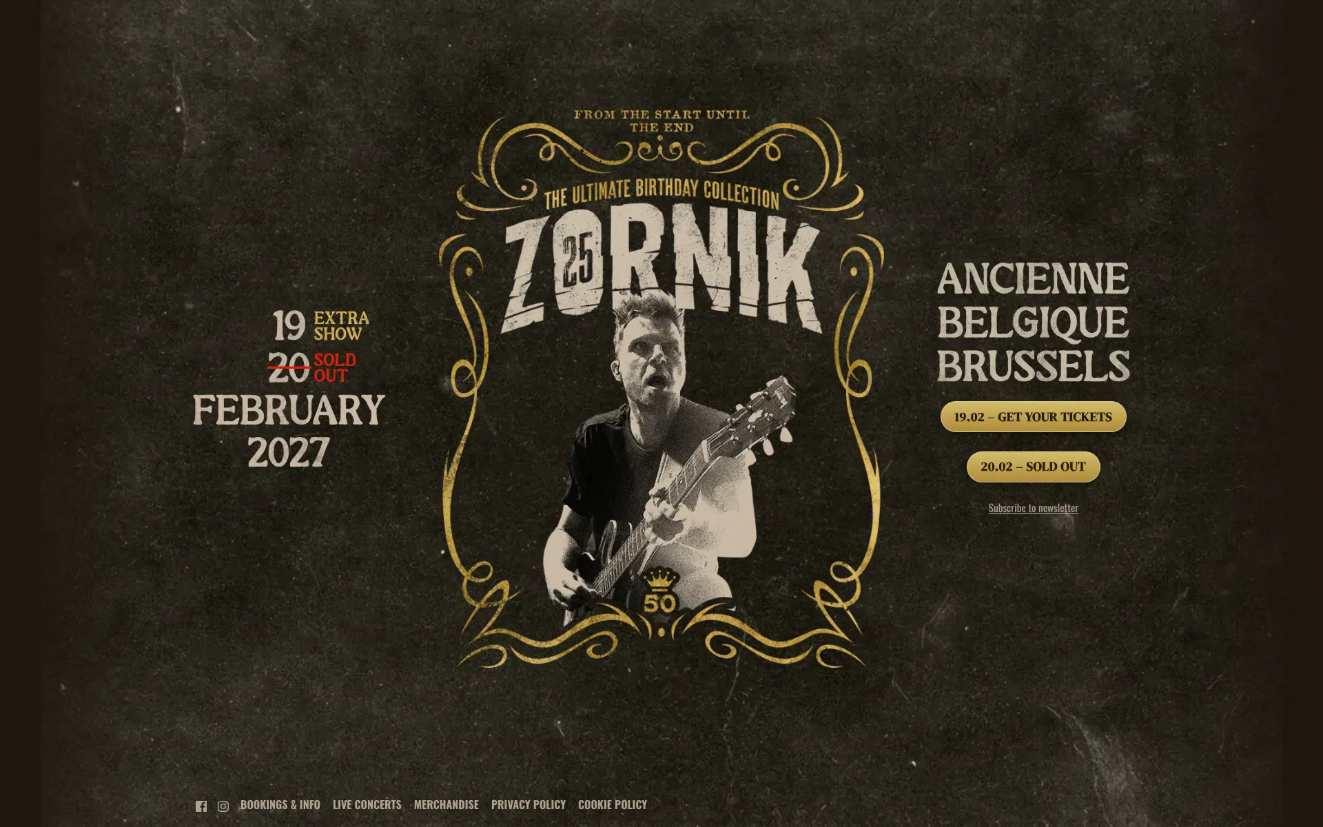 Homepage van Zornik met de affiche van The Ultimate Birthday Collection en ticketknoppen voor de Ancienne Belgique